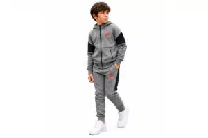 Nike Junior Boys Air Fleece Colourblock Tracksuit – Grey / Black / Crimson Nike Junior Boys Air Fleece Colourblock Tracksuit – Grey / Black / Crimson