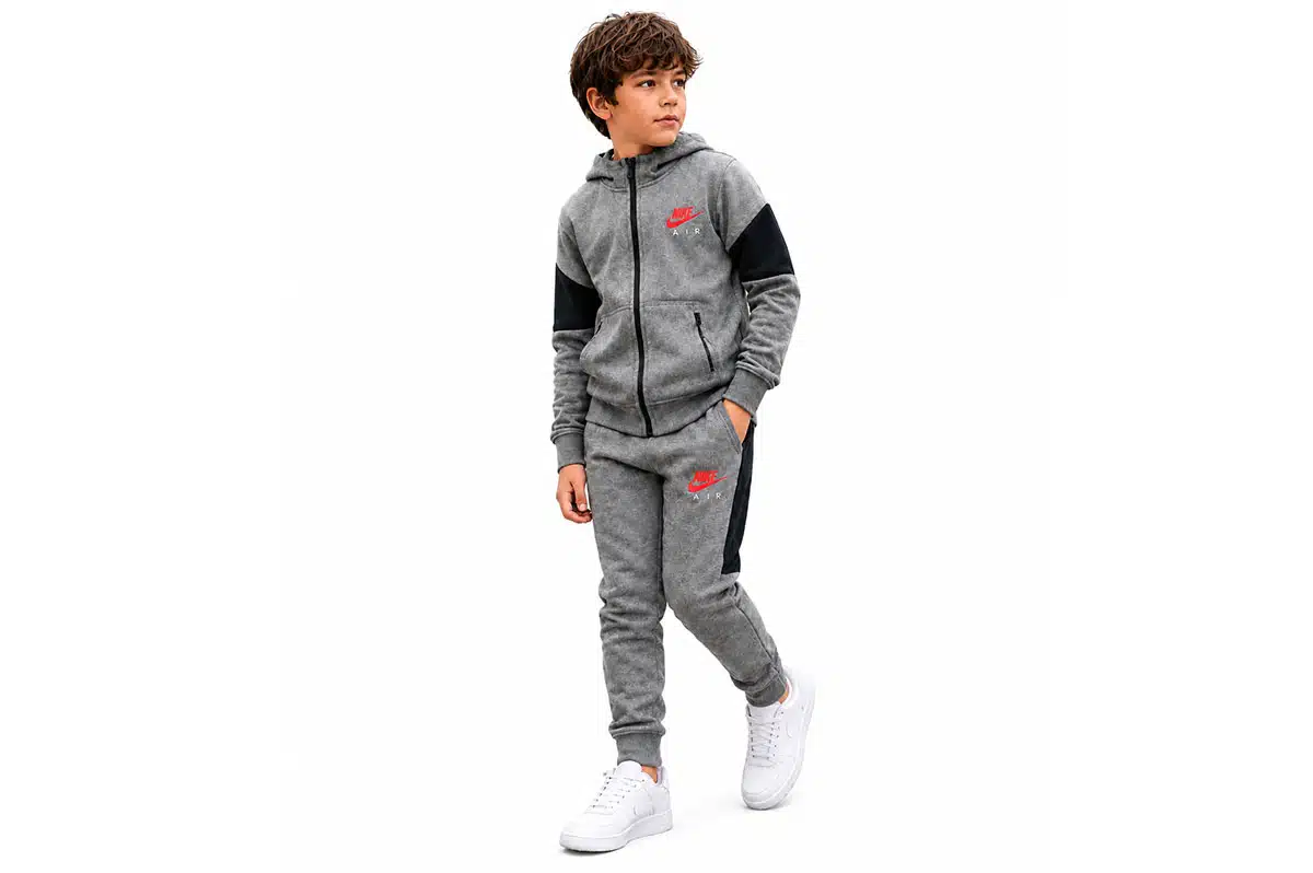 Nike Junior Boys Air Fleece Colourblock Tracksuit – Grey / Black / Crimson Nike Junior Boys Air Fleece Colourblock Tracksuit – Grey / Black / Crimson