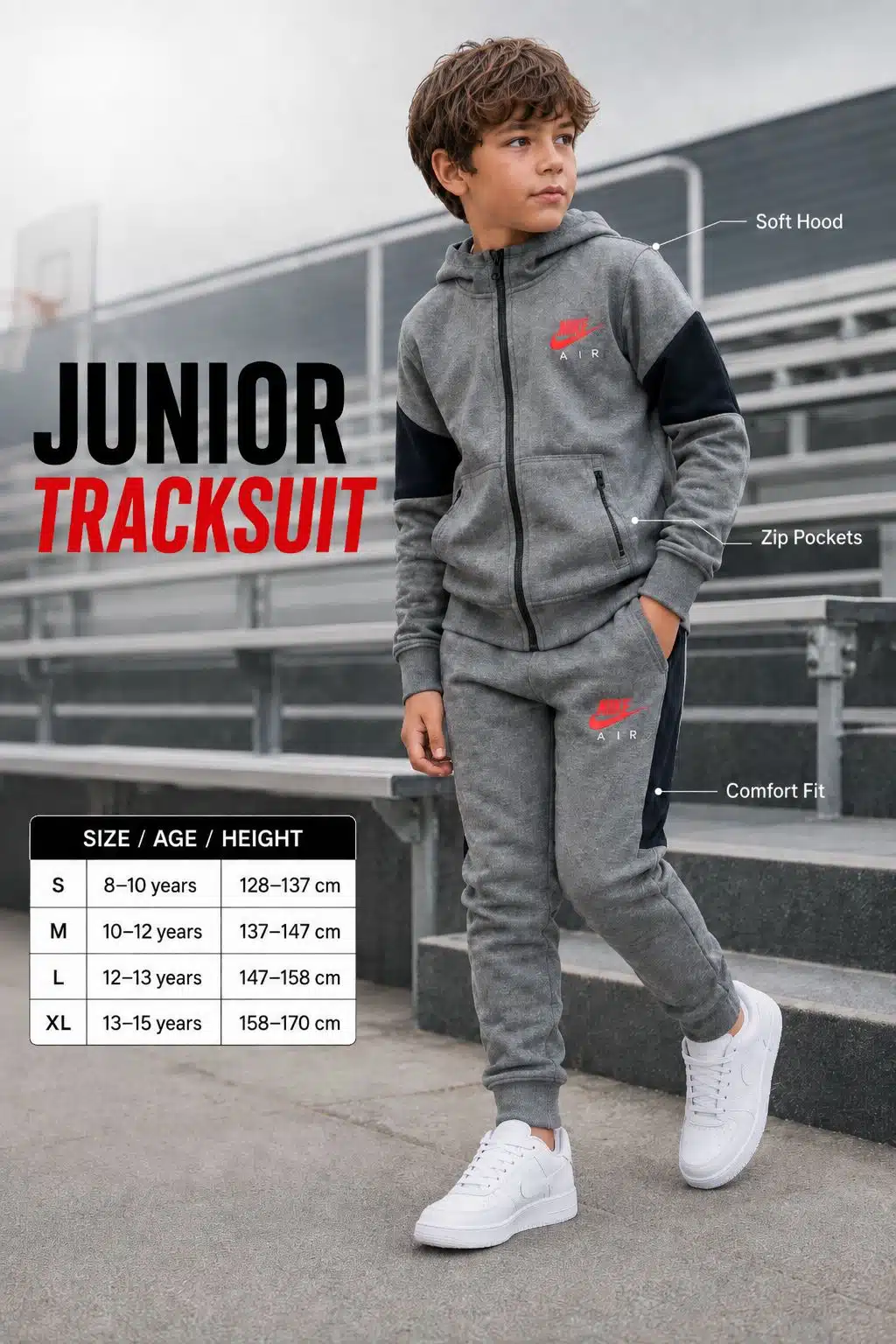 Nike Junior Boys Air Fleece Colourblock Tracksuit – Grey / Black / Crimson Nike Junior Boys Air Fleece Colourblock Tracksuit – Grey / Black / Crimson