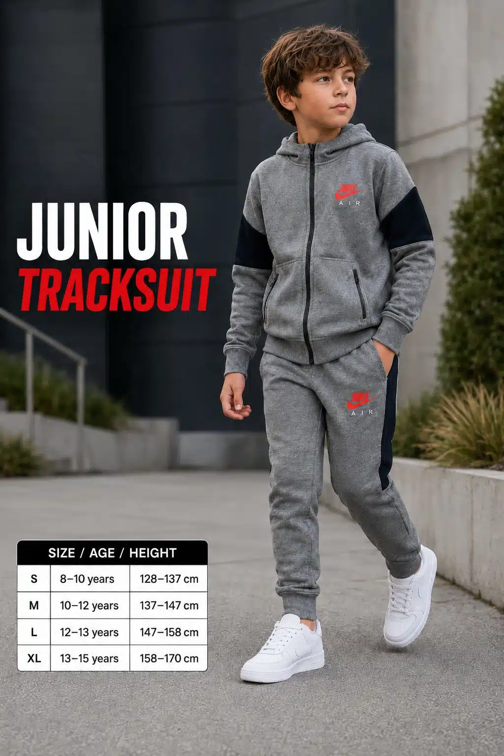 Nike Junior Boys Air Fleece Colourblock Tracksuit – Grey / Black / Crimson Nike Junior Boys Air Fleece Colourblock Tracksuit – Grey / Black / Crimson