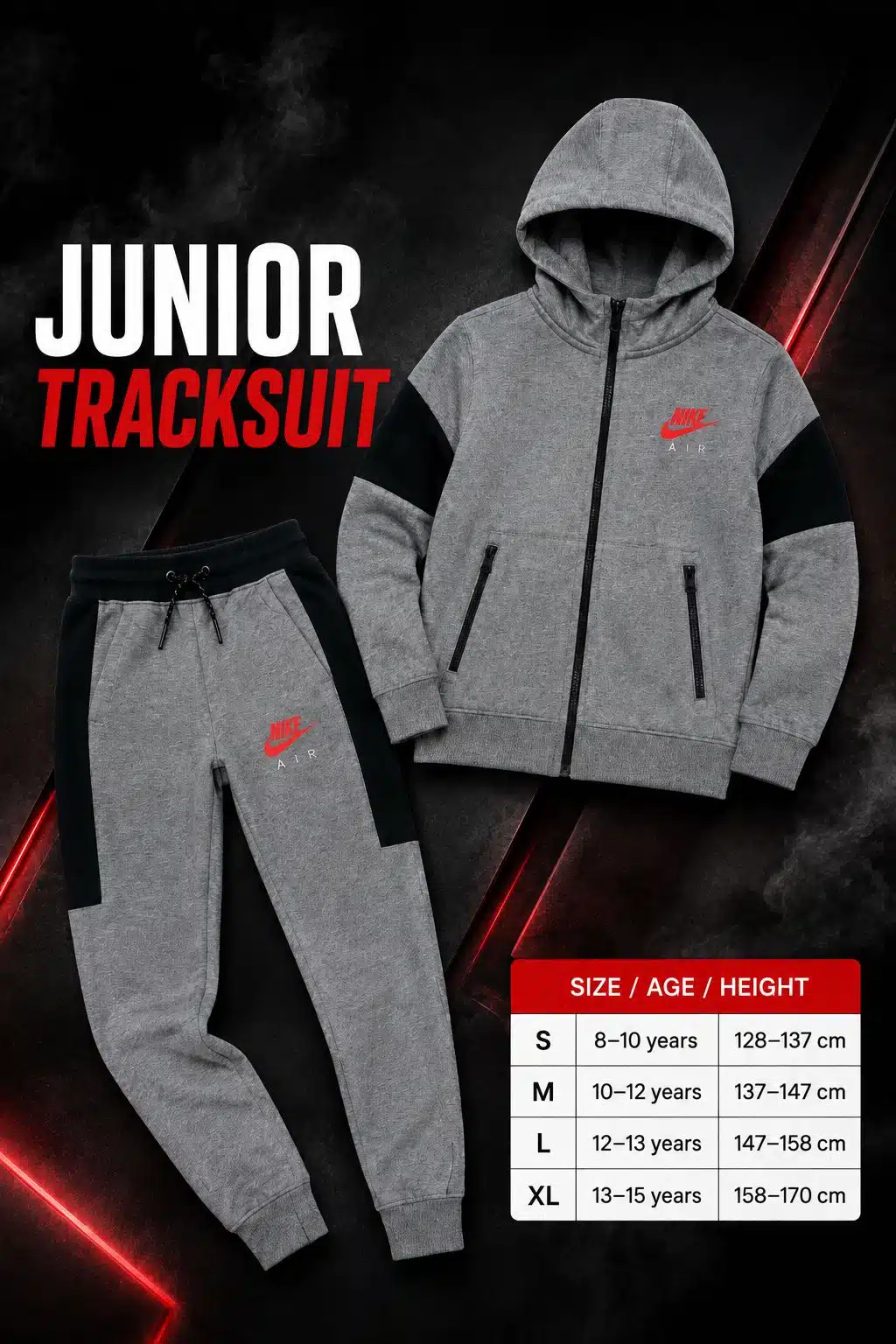 Nike Junior Boys Air Fleece Colourblock Tracksuit – Grey / Black / Crimson Nike Junior Boys Air Fleece Colourblock Tracksuit – Grey / Black / Crimson